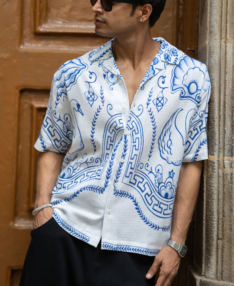 White Printed Cotton Structured Shirt.