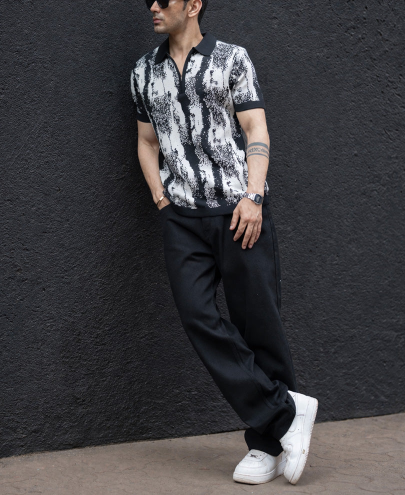Black White Jacquard Knit T-Shirt.