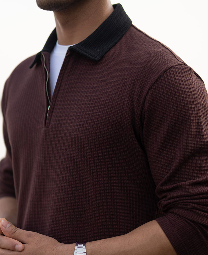 Brown Contrast Collar Structure T-Shirt