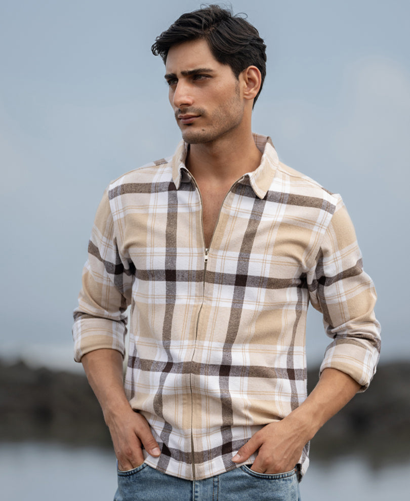 Beige Checks Zipper Overshirt
