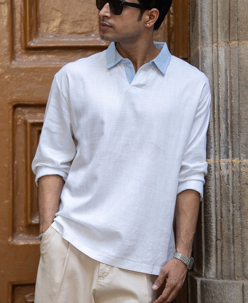 White Contrast Collar Kurta Shirt.