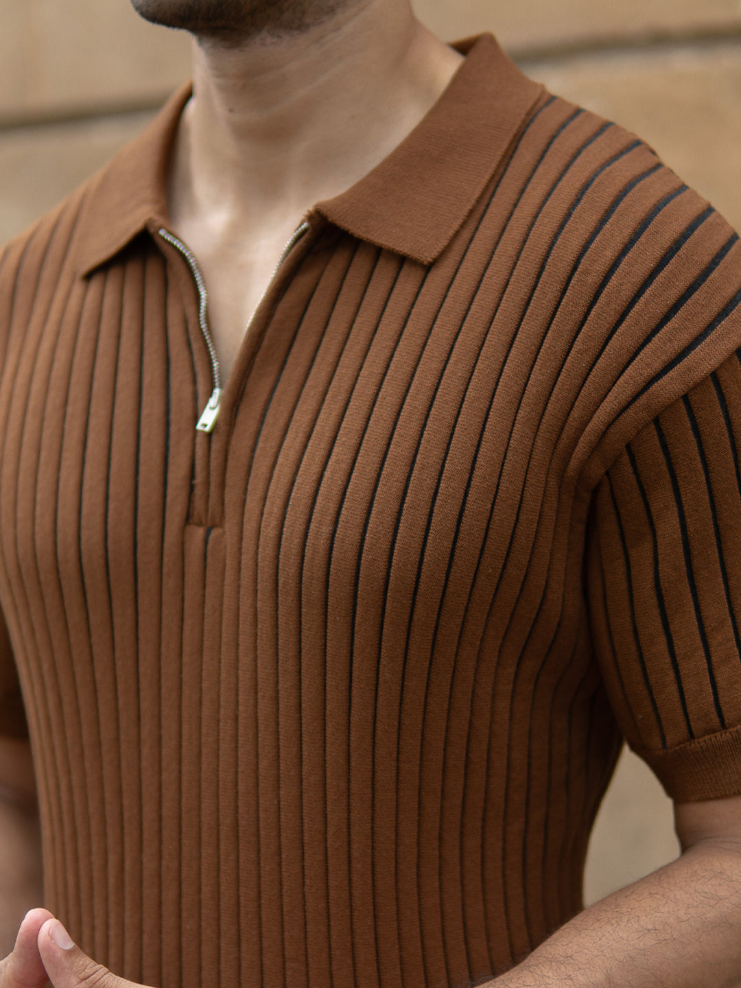 Brown Striped Knit Polo T-Shirt