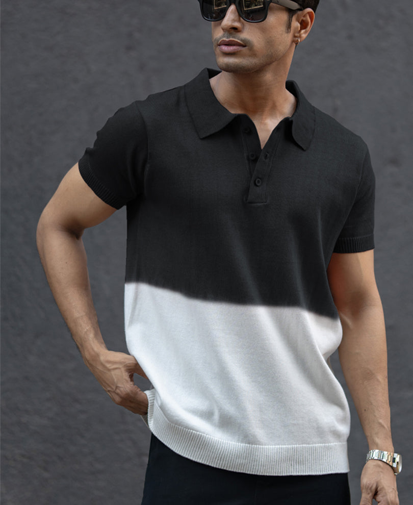 Black Ombre Knit Polo T-Shirt