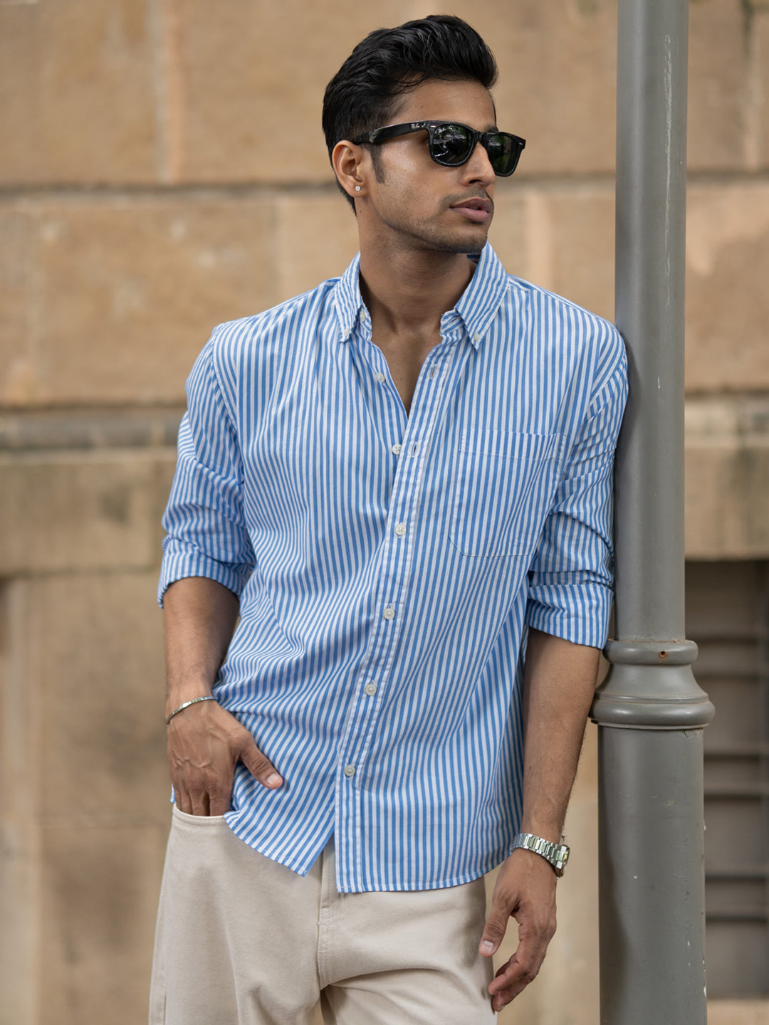 Blue Cotton Striped Buttondown Shirt