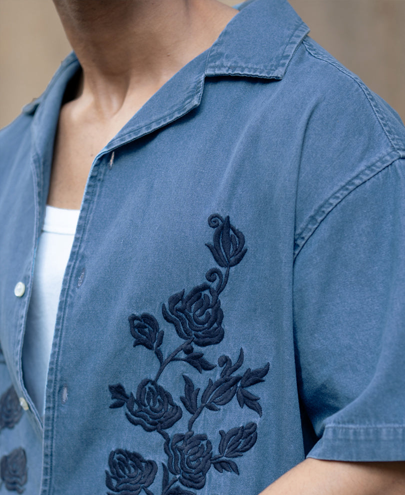 Mid Blue Embroidered Denim Shirt.