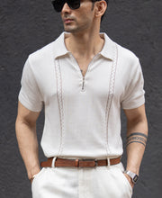 White Structured Knit Zipper T-Shirt.