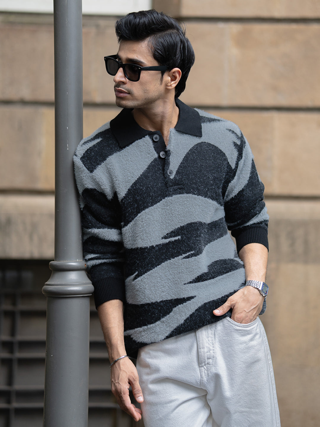 Black Abstract Jacquard Knit Polo Sweater