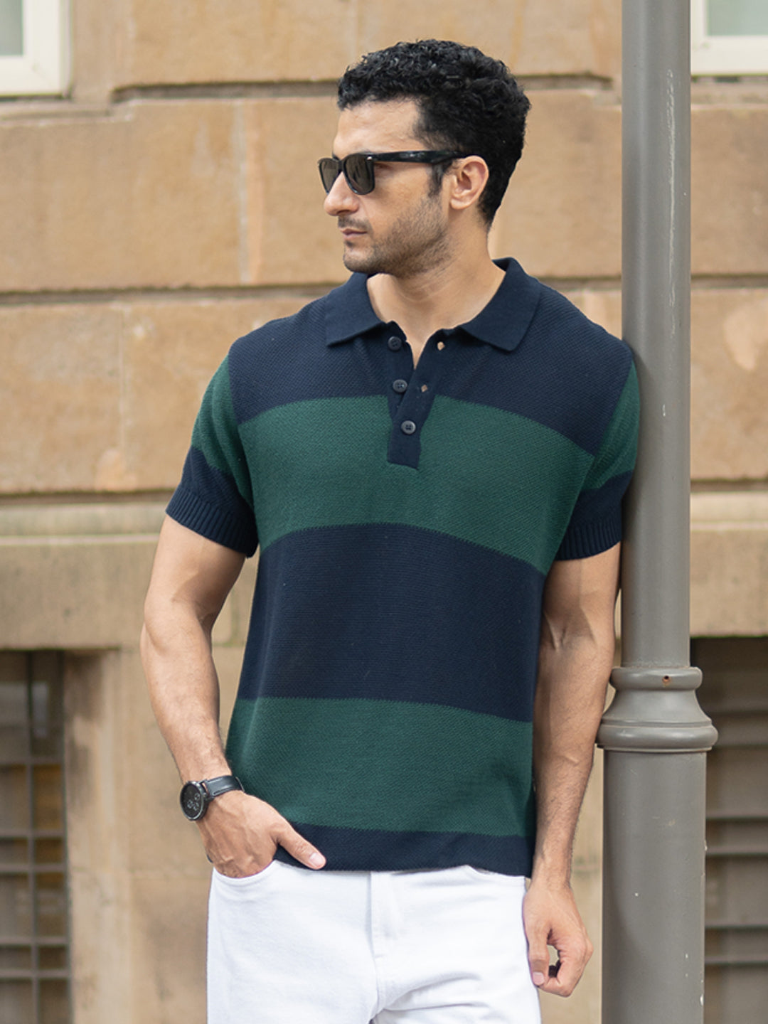 Olive And Navy Knitted Stripe T-Shirt