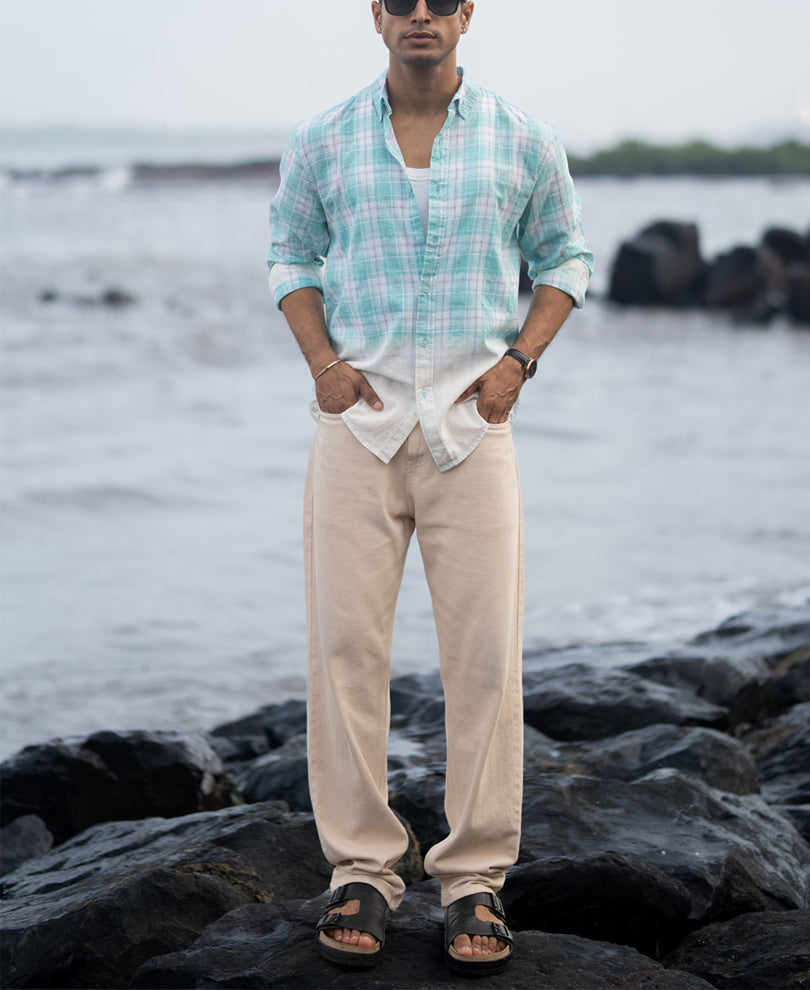 Aqua Blue Light Weight Ombre Checks Shirt