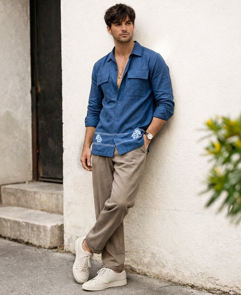 Navy Embroidered Linen Shirt.