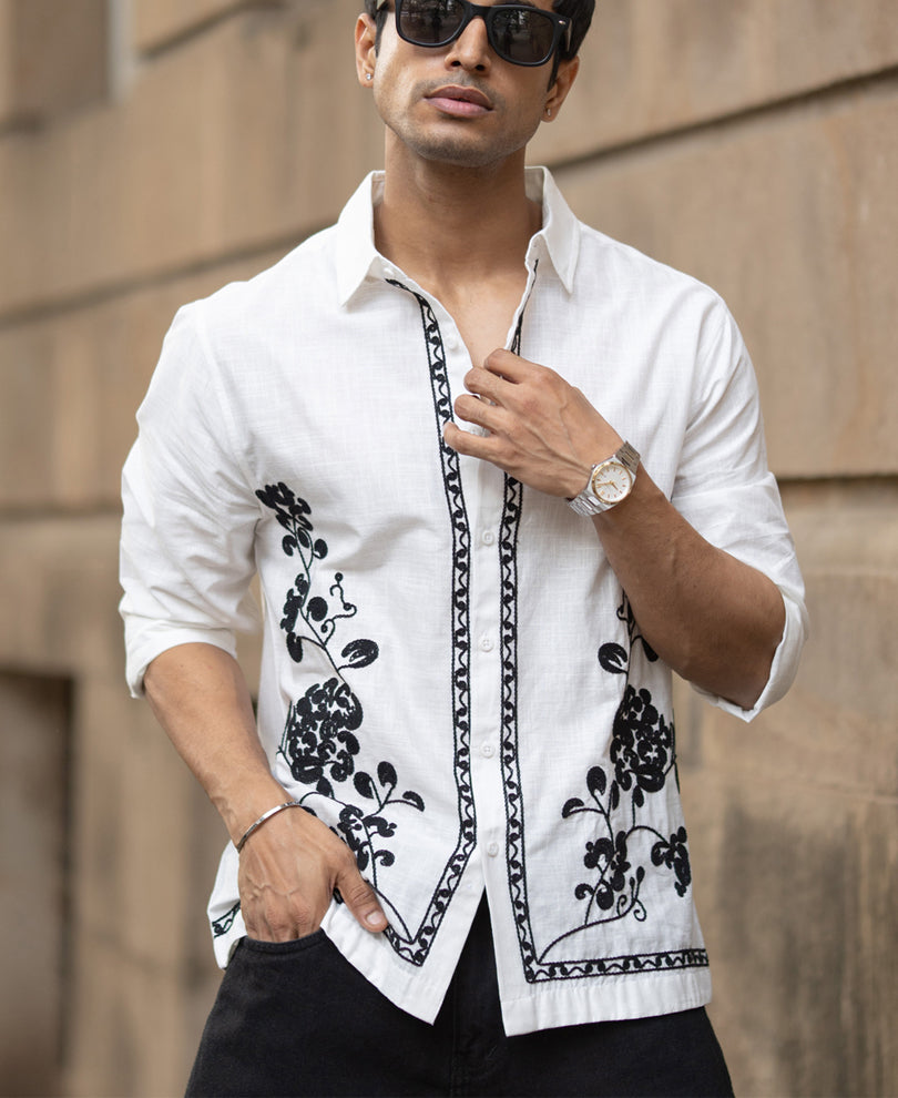 White Cotton Slub Embroidered Shirt