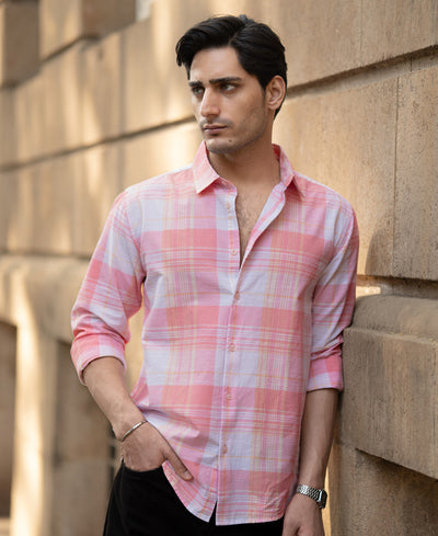 Peach Lightweight Summer Checks Shirt