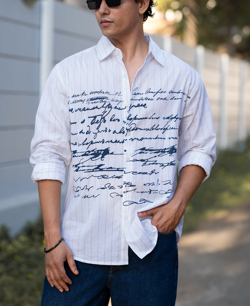 White Typography Print Stripe Shirt.