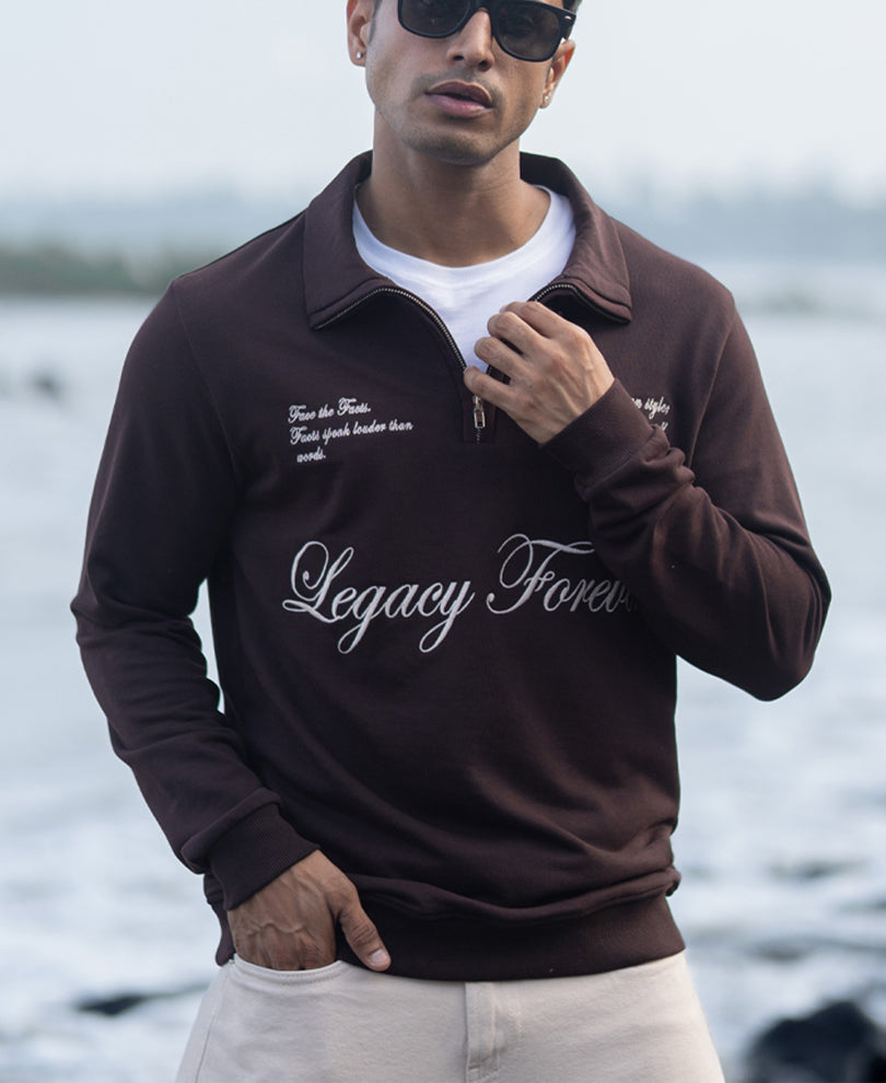 Brown Embroidered Quarter Zip Sweatshirt