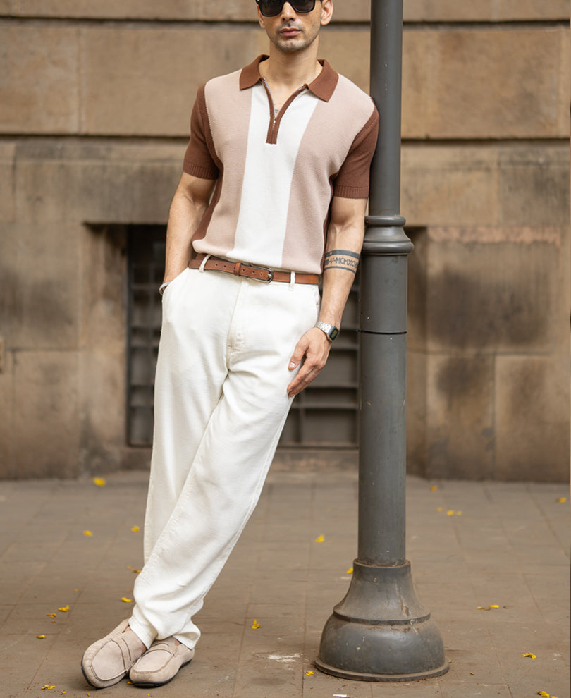 Beige & Brown Knit Stripe T-Shirt.