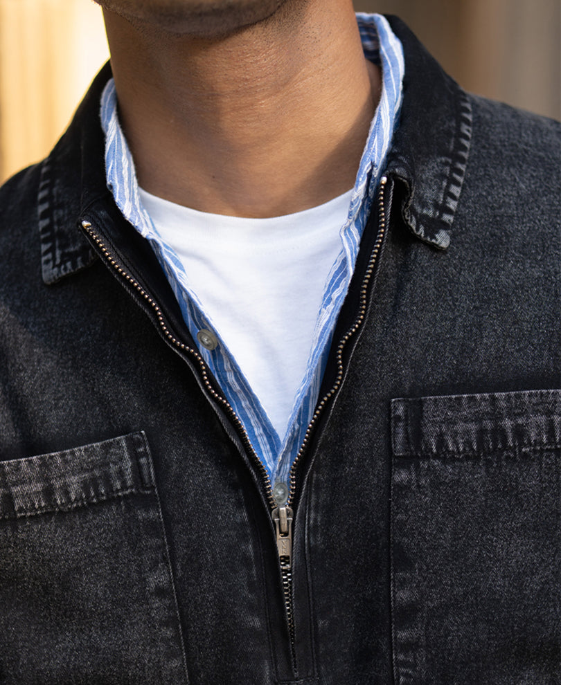 Black Washed Denim Polo Shirt