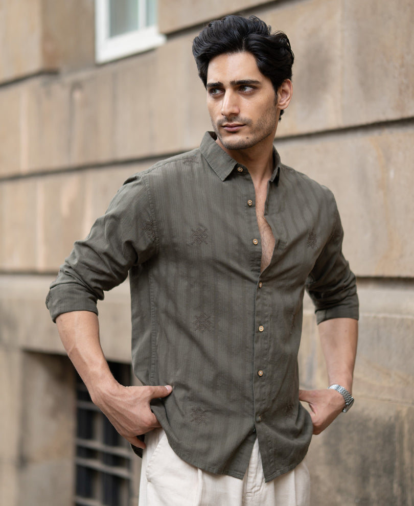 Olive Structure Embroidered Shirt