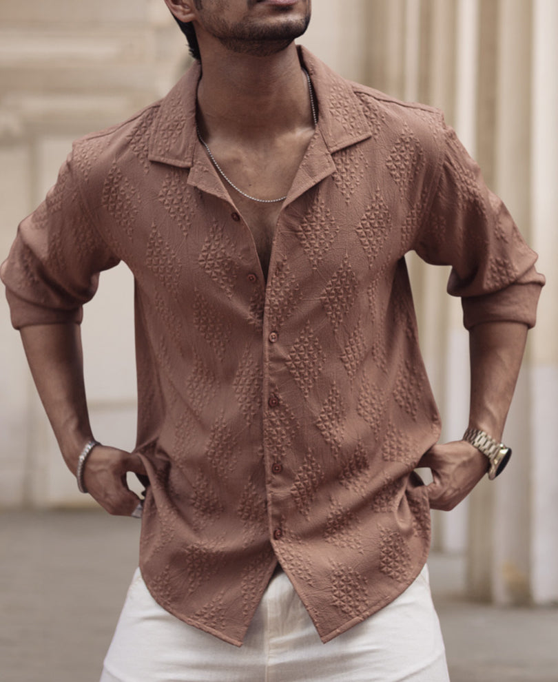 Dark Beige Structured Regular Fit Full Sleeves Shirt