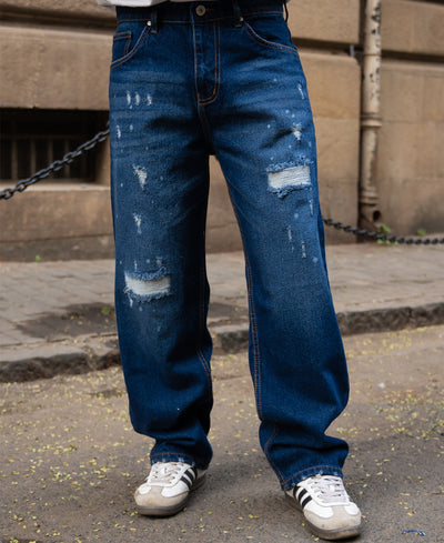 Dark Blue Distressed Baggy Fit Jeans