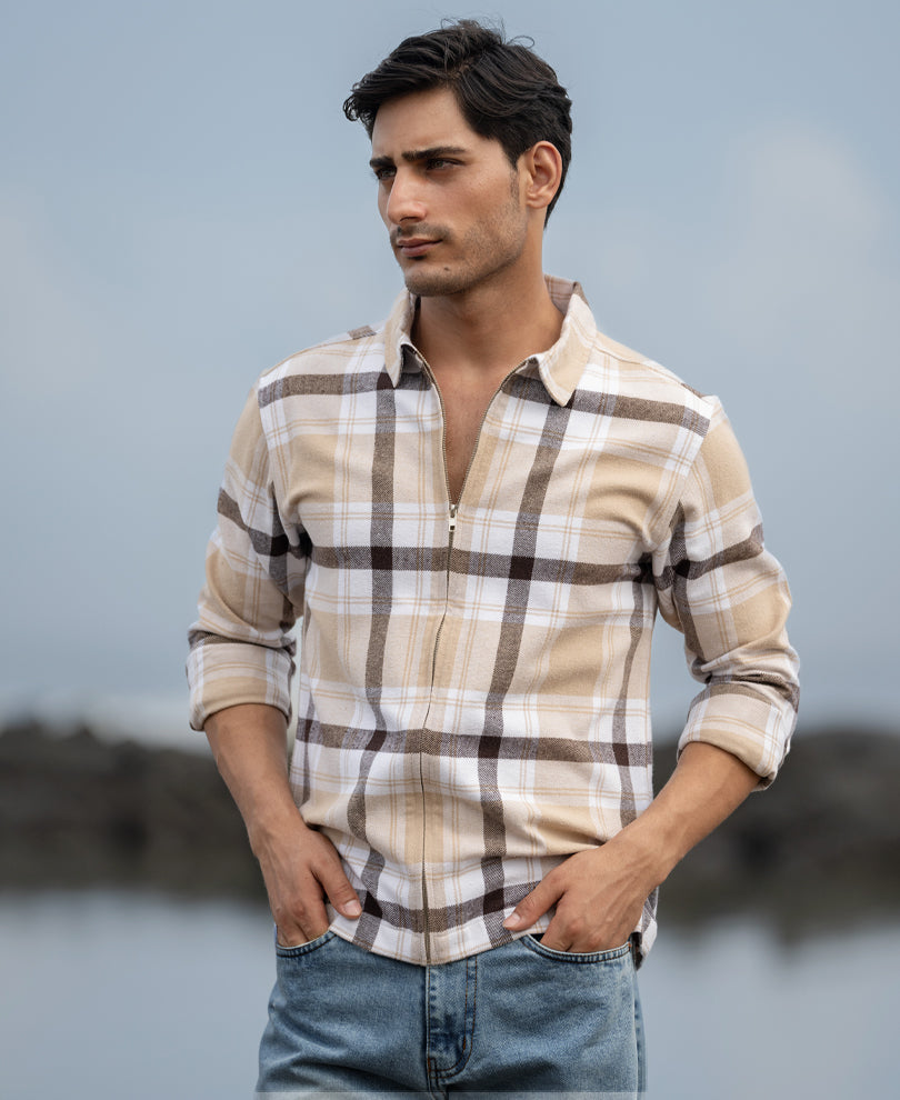 Beige Checks Zipper Overshirt