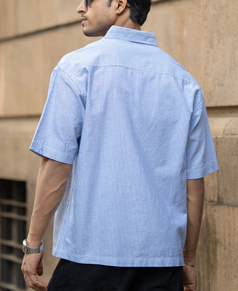 Sky Blue Stripe Embroidered Shirt