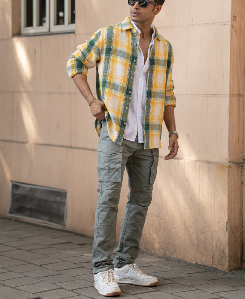 Yellow And Green Structured Checks Shirt.