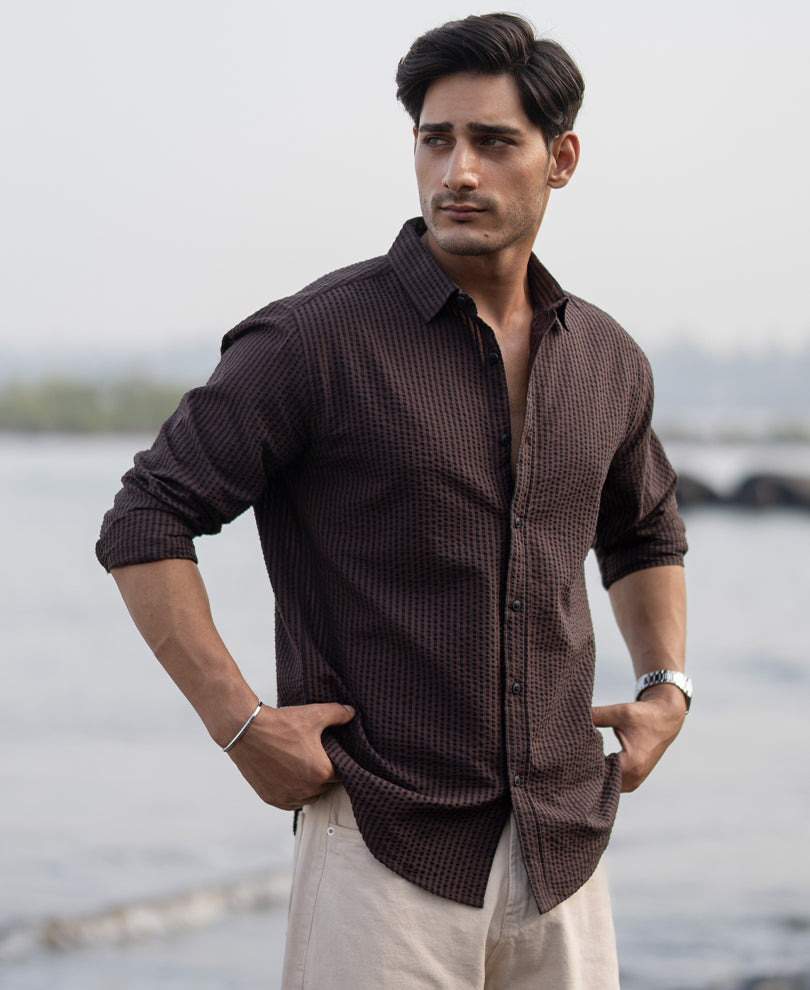 Brown Seer Sucker Stripe Shirt
