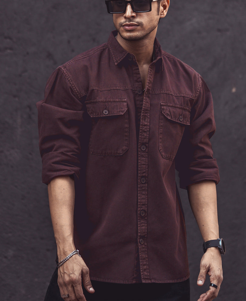 Dark Brown Denim Shacket Full Sleeves Shirt