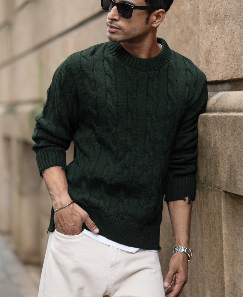 Pine Distressed Cable Knit Sweater