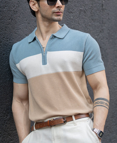 Blue & Beige Stripe Knit T-Shirt