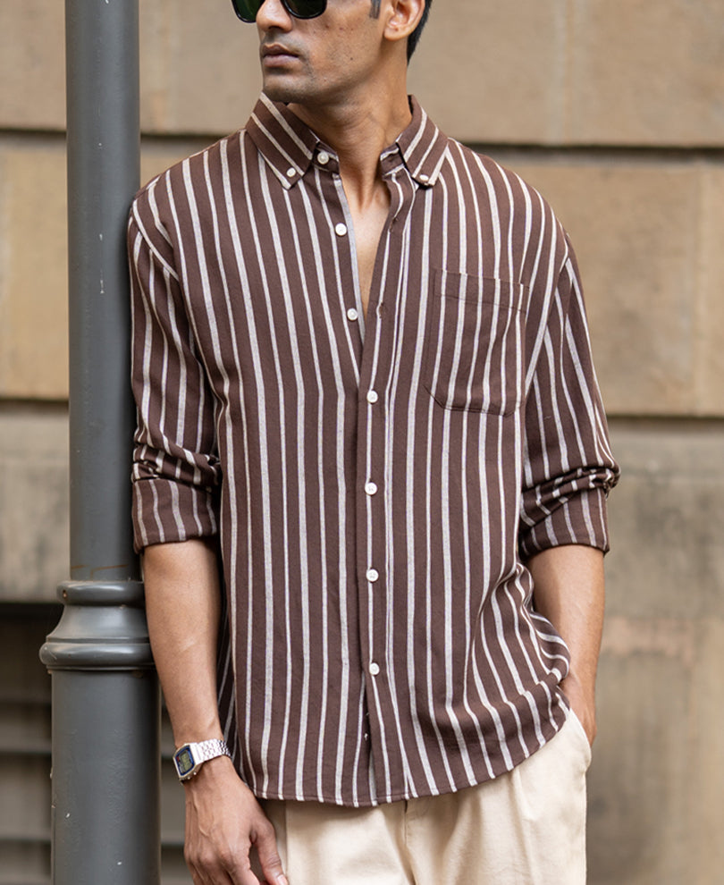 Brown Linen Blend Stripe Shirt.
