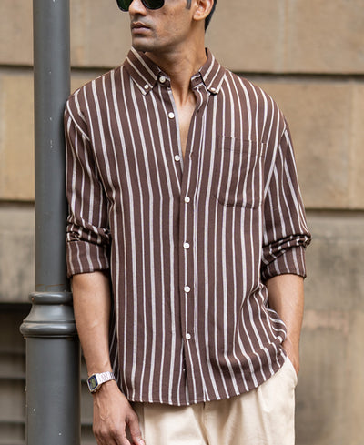Brown Linen Blend Stripe Shirt