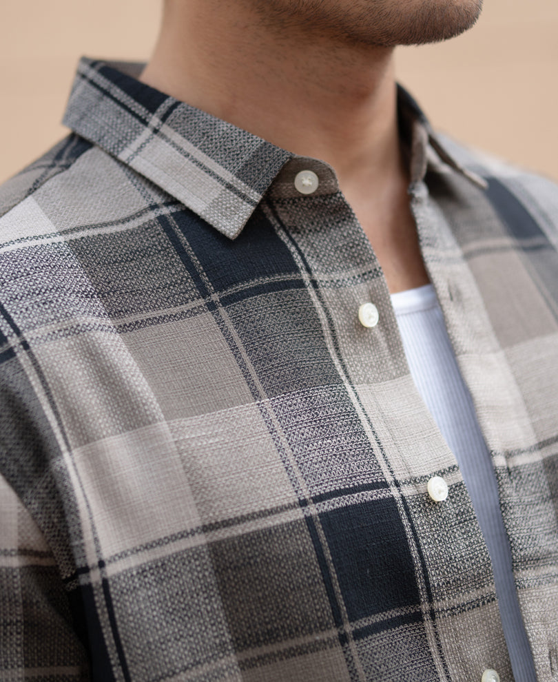 Olive & Black Structured Checks Shirt.
