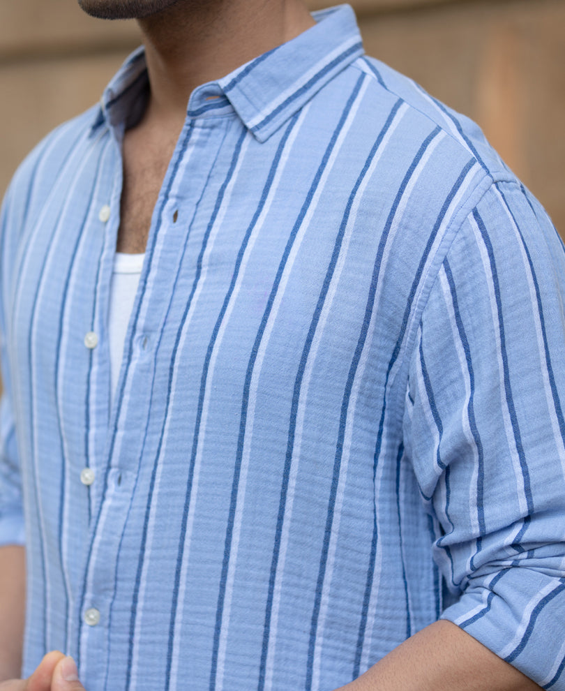 Blue Double Cloth Striped Shirt