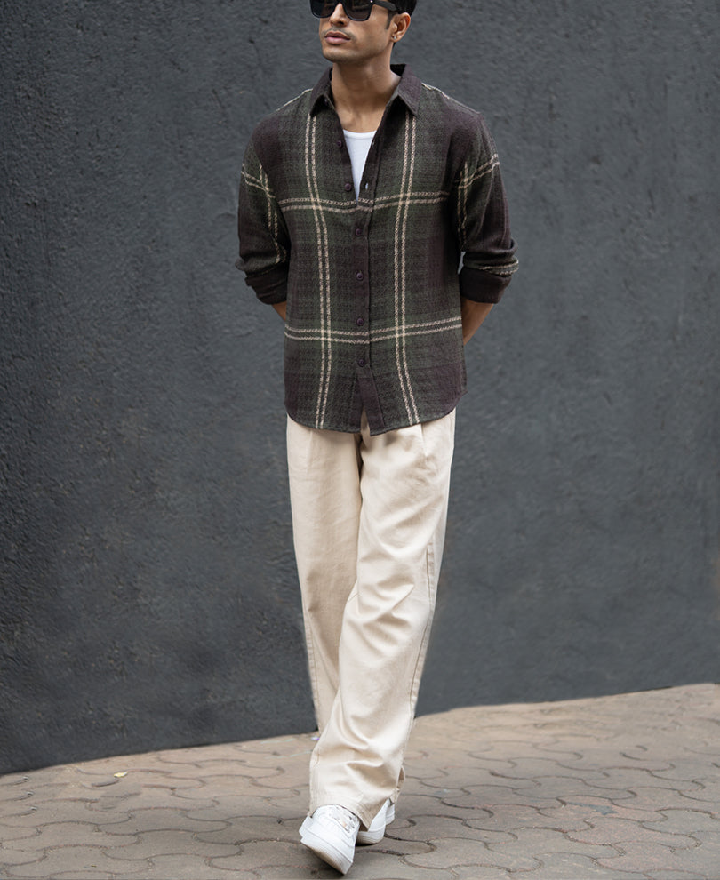 Dark Olive Structured Checks Shirt