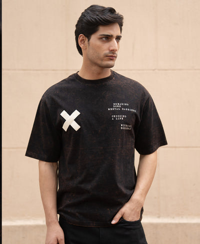 Dark Brown Washed Printed Oversized T-Shirt