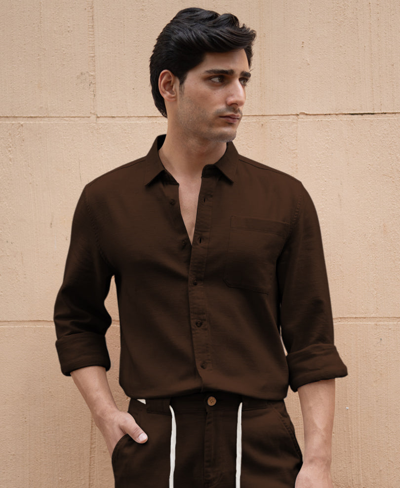 Dark Brown Linen Structured Co-Ord Set.