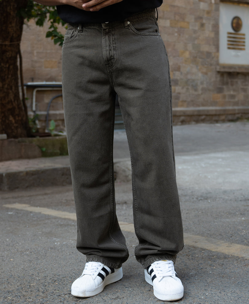 Dark Olive Washed Baggy Jeans.