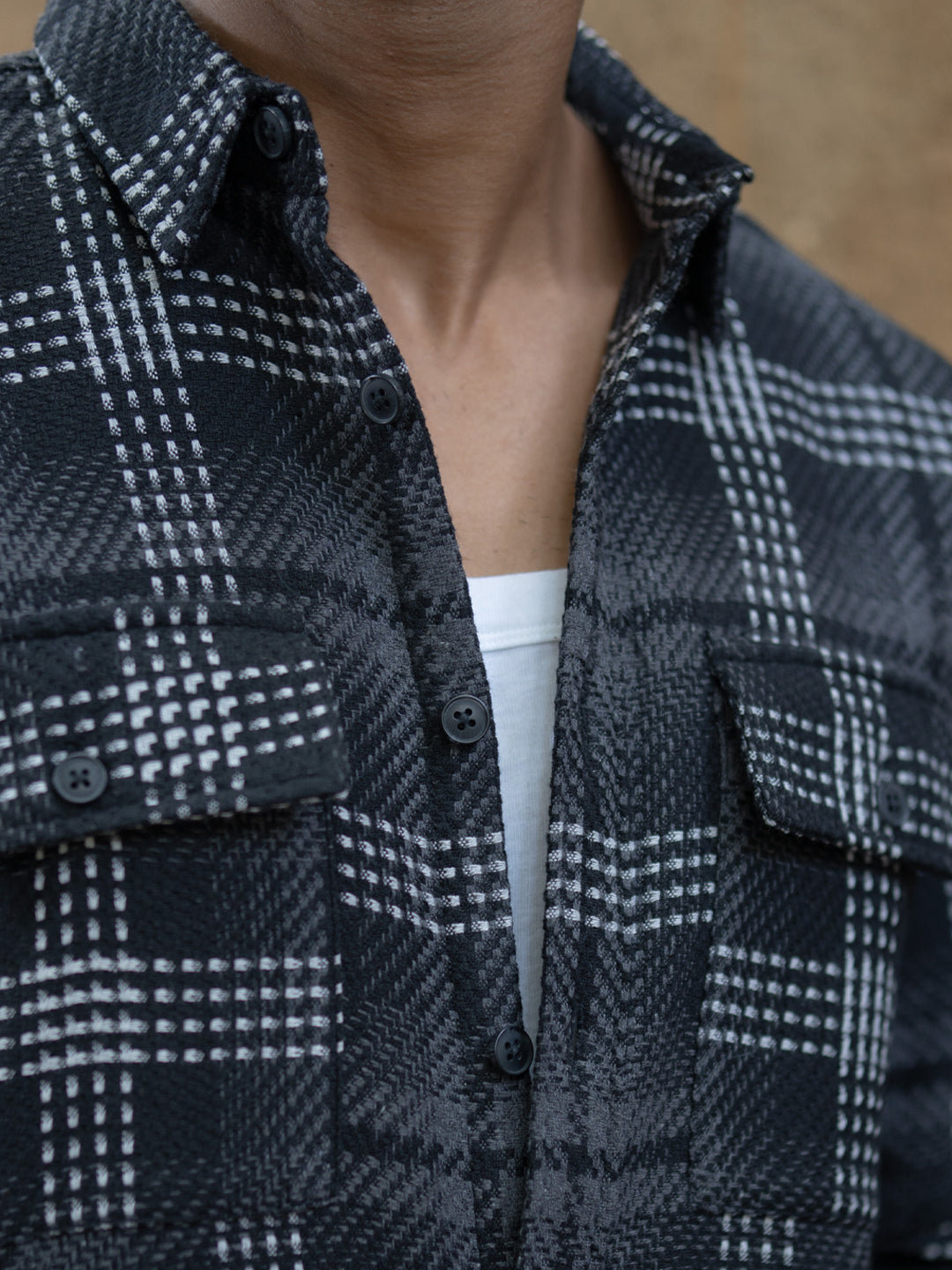 Black Structured Double Pockets Checked Shirt