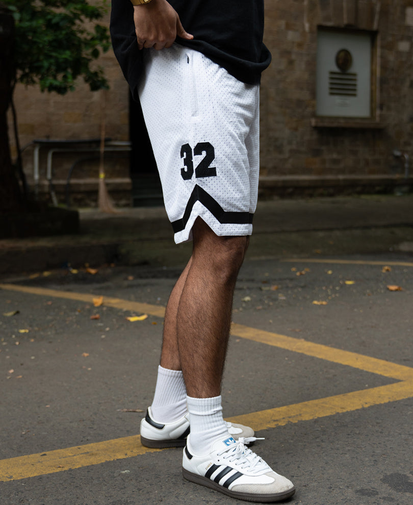 White Embroidered Mesh Basketball Shorts.