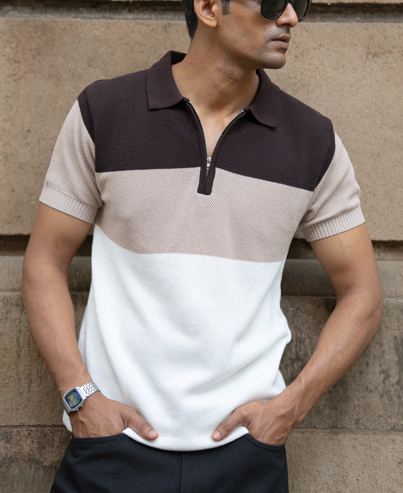 Beige & Brown Knit Stripe T-Shirt