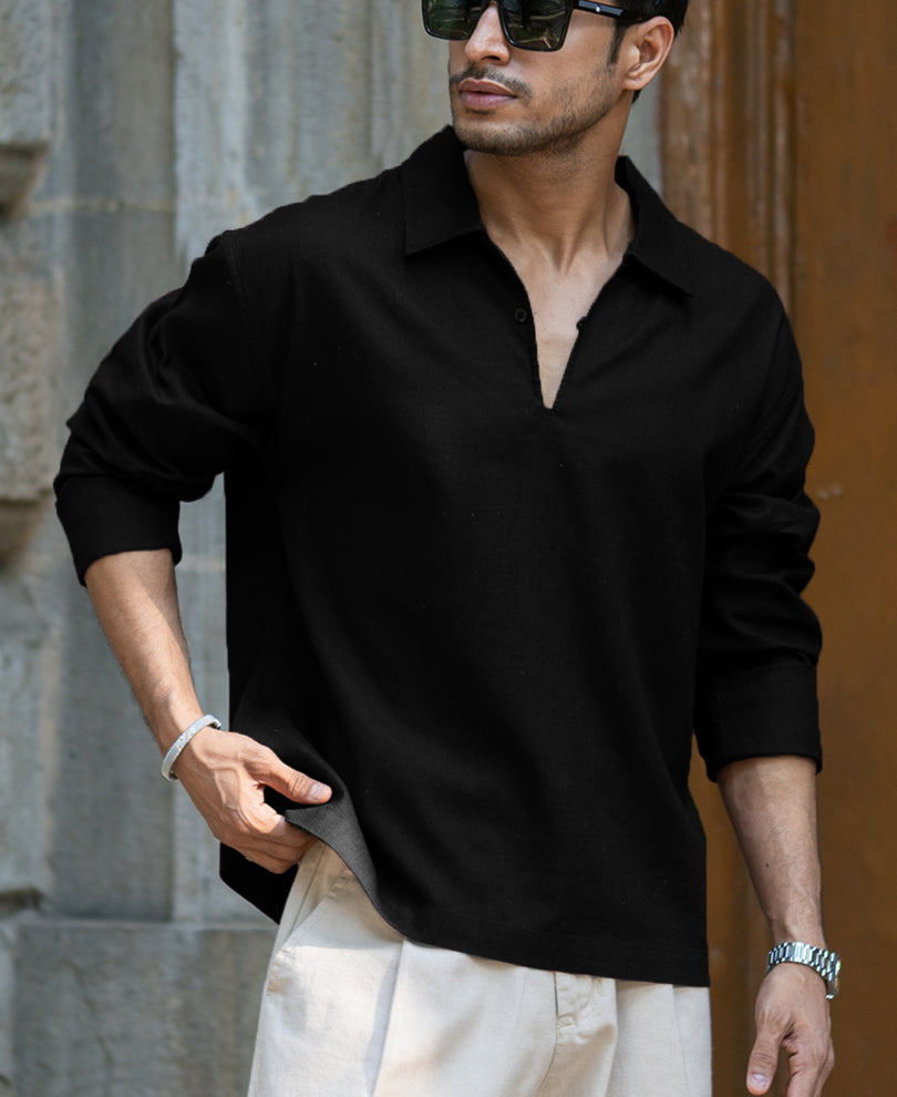 Black Lightweight Structured Kurta Shirt