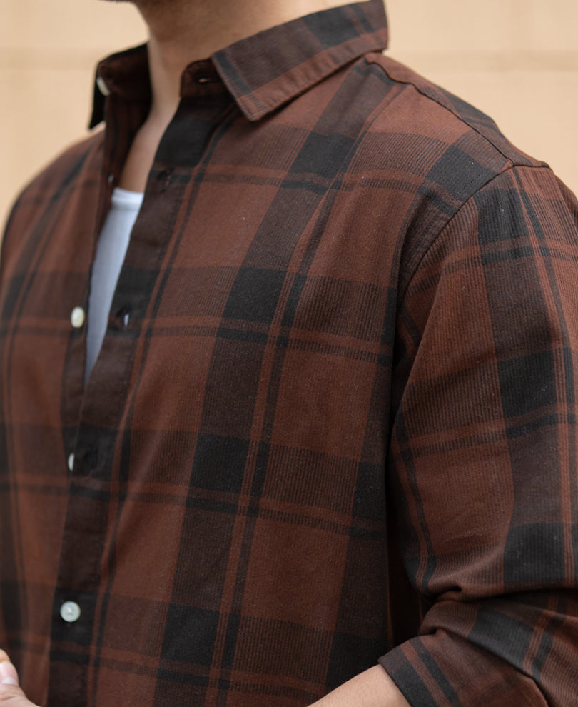 Dark Brown Structured Checked Shirt