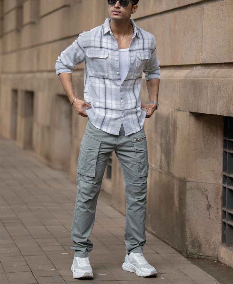 Light Grey Structured Checks Shacket Oversize Drop Shoulder Shirt