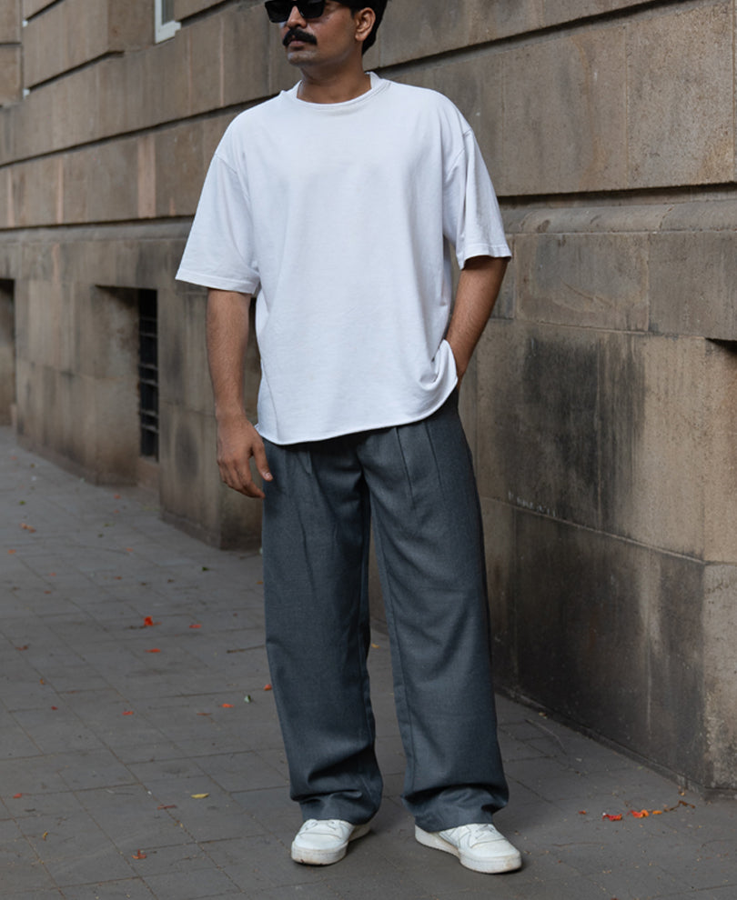 Grey Pleated Baggy Trousers