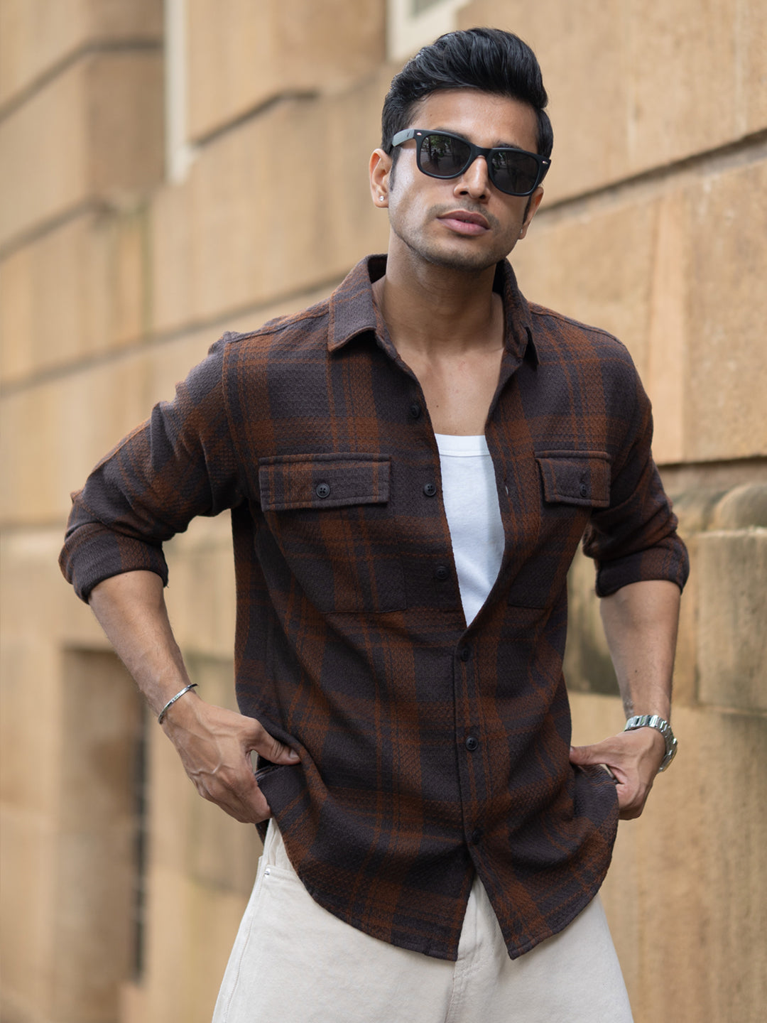 Dark Brown Structured Checks Shirt