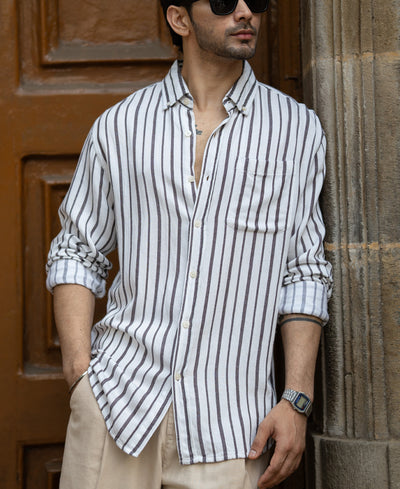 White Linen Blend Stripe Shirt