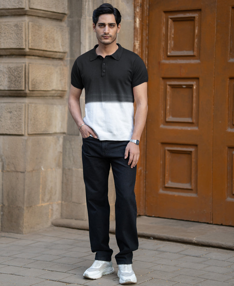 Black Ombre Knit Polo T-Shirt