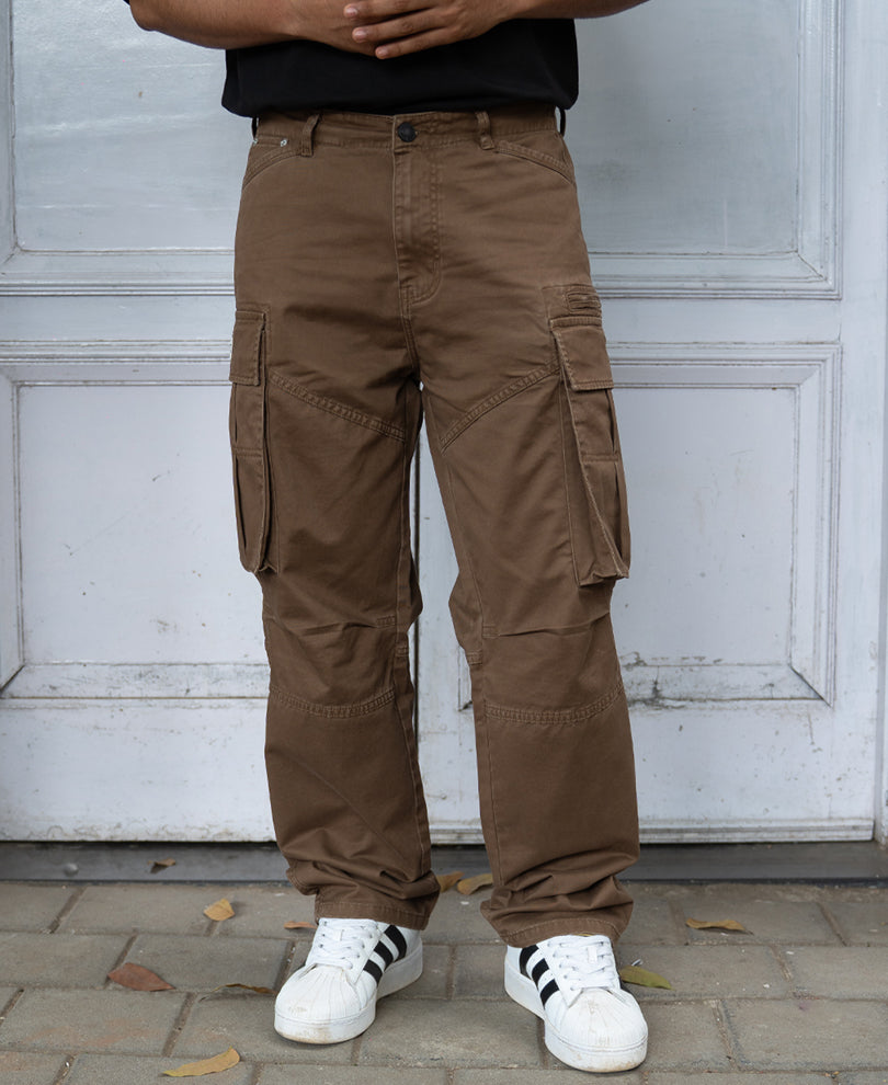 Brown Overdyed Cotton Cargo Pants.