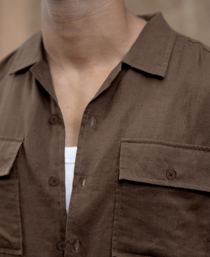 Brown Linen Double Pocket Shirt